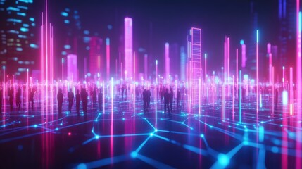 A futuristic representation of a wireless network, with G towers and glowing signal waves connecting devices and people across a cityscape, symbolizing fast, wireless communication.