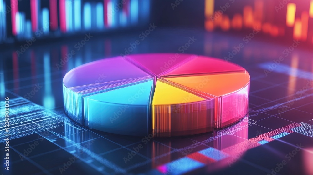 Poster a glowing d pie chart with financial labels showing investment diversification, with each segment re