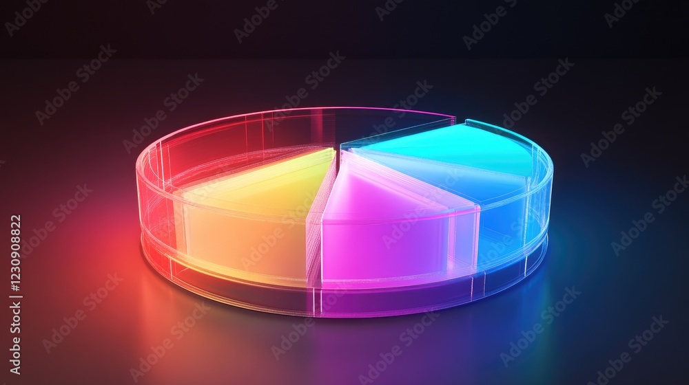 Poster a glowing d pie chart with transparent sections, hovering in a digital space, with each segment repr
