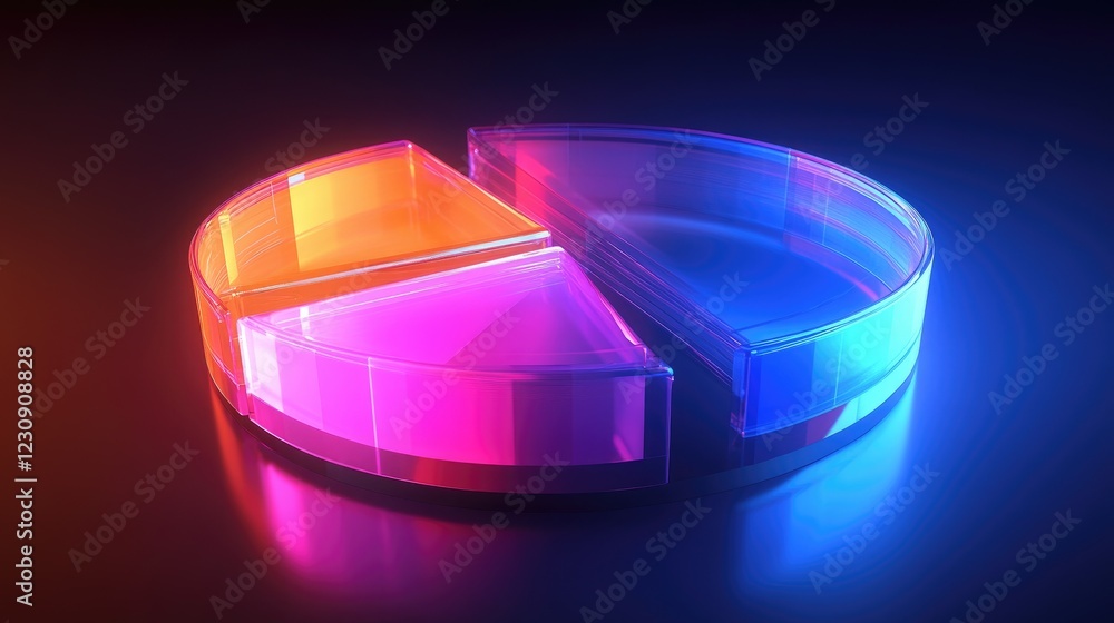 Poster a glowing d pie chart with transparent sections, hovering in a digital space, with each segment repr