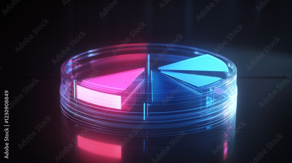 Poster a glowing d pie chart with transparent sections, hovering in a digital space, with each segment repr
