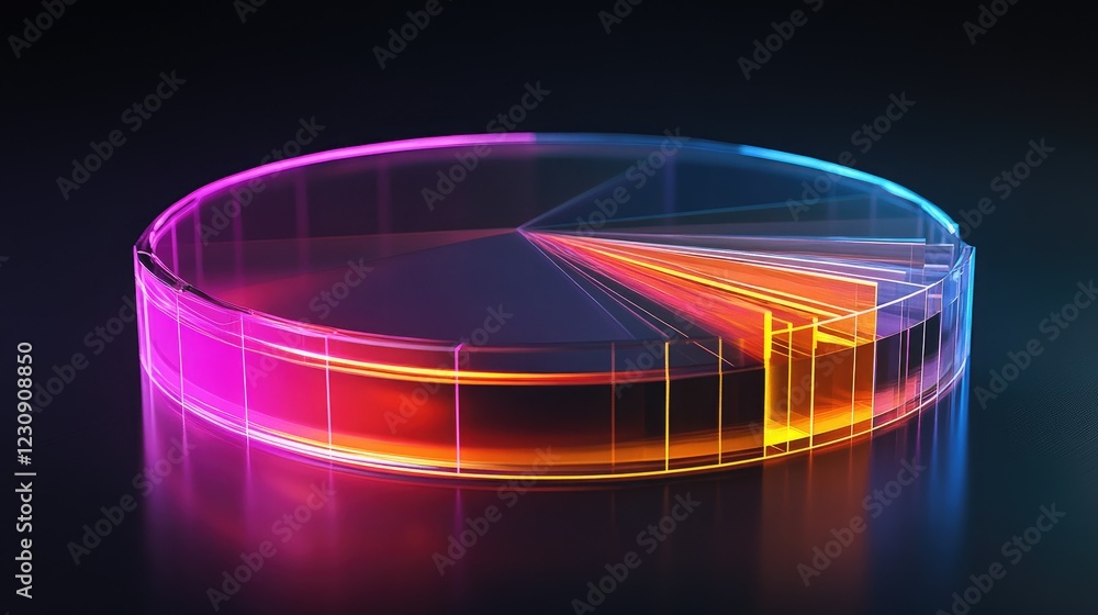 Poster a glowing d pie chart with transparent sections, hovering in a digital space, with each segment repr