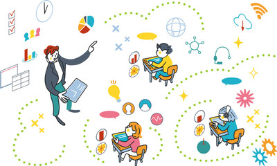 教室で授業をするICT教育の講師と生徒とシンボリックなアイコン　セットのストックイラスト素材		
