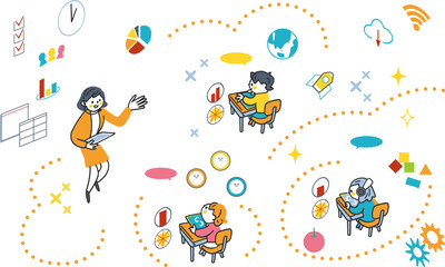 教室で授業をするICT教育の講師と生徒とシンボリックなアイコン　セットのストックイラスト素材		
