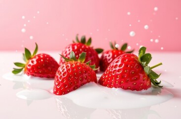 Five ripe strawberries are partially submerged in creamy milk, creating an appealing splash effect. The bright pink backdrop enhances the vibrant colors of the fruit and liquid.