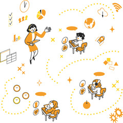 教室で授業をするICT教育の講師と生徒とシンボリックなアイコン　セットのストックイラスト素材		
