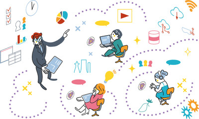 教室で授業をするICT教育の講師と社会人とシンボリックなアイコン　セットのストックイラスト素材
