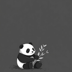 Naklejka premium Black and white illustration, panda sitting and eating bamboo