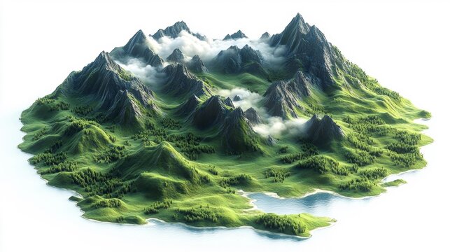 Stylized isometric mountain terrain with lush greenery and misty peaks. Generative AI - Powered by Adobe