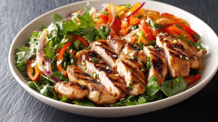 A high-definition image of a plate of spicy som tam with grilled chicken, showing the vibrant colors and textures of the dish with fresh vegetables and herbs.