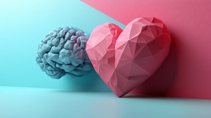 Geometric brain and heart 3D render vibrant cyan and magenta colors modern aesthetic. Generative AI
