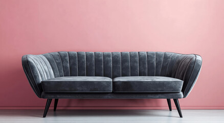 gray velvet sofa with black legs against pink wall, showcasing modern design and comfort. This stylish piece enhances any living space with its elegant lines and plush texture