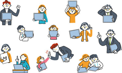 タブレットを手に持つ様々な人々　セットのストックイラスト素材
