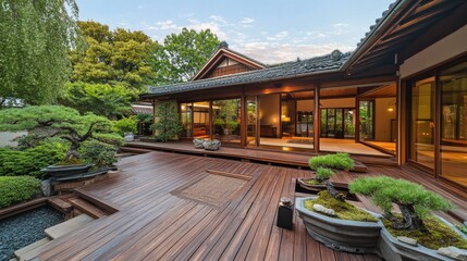 Obraz premium A Japanese-style home with a blend of modern and traditional elements, featuring a wooden deck, sliding glass doors, and a tranquil garden space with bonsai trees.