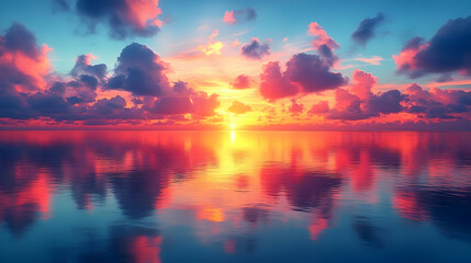 Fototapeta premium Vibrant Pink And Orange Sunset Over Calm Ocean Water