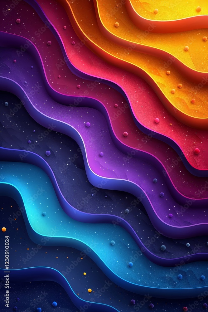 Poster wavy layers of color blend together, creating a dynamic visual with rich hues of purple, pink, orang