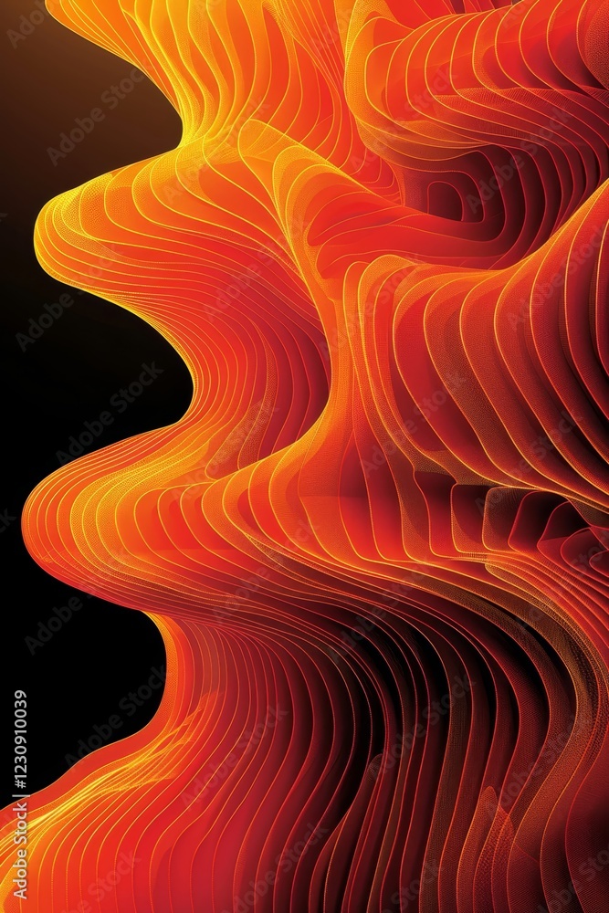Poster flowing waves in shades of orange and red intertwine, creating a dramatic visual effect against a bl