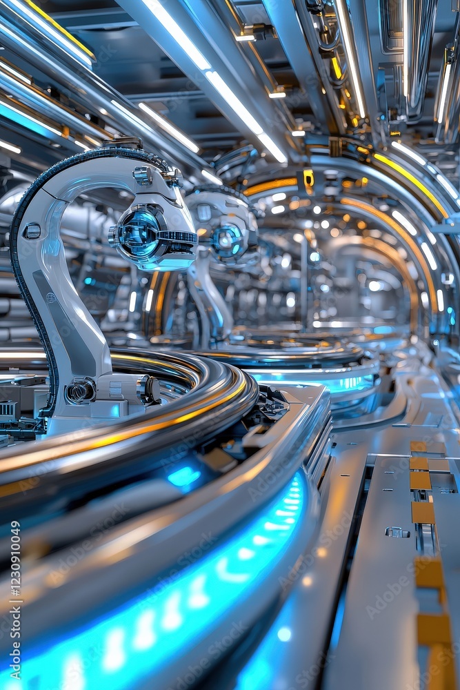 Poster illustration of a futuristic factory with automated systems