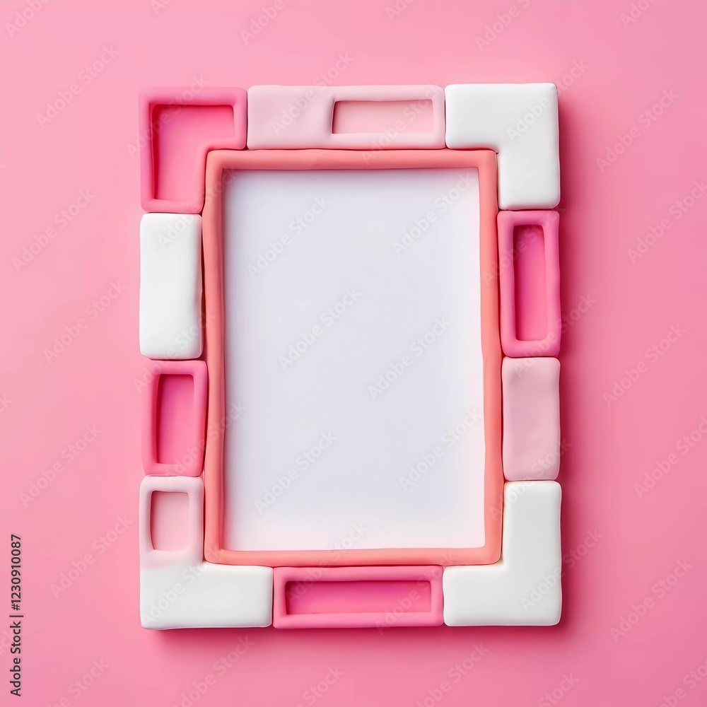 Poster a rectangular frame crafted from play doh features a playful design with white and pink accents. the