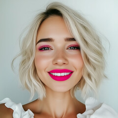 Naklejka premium Blond Woman Portrait with Pink Make Up and Style
