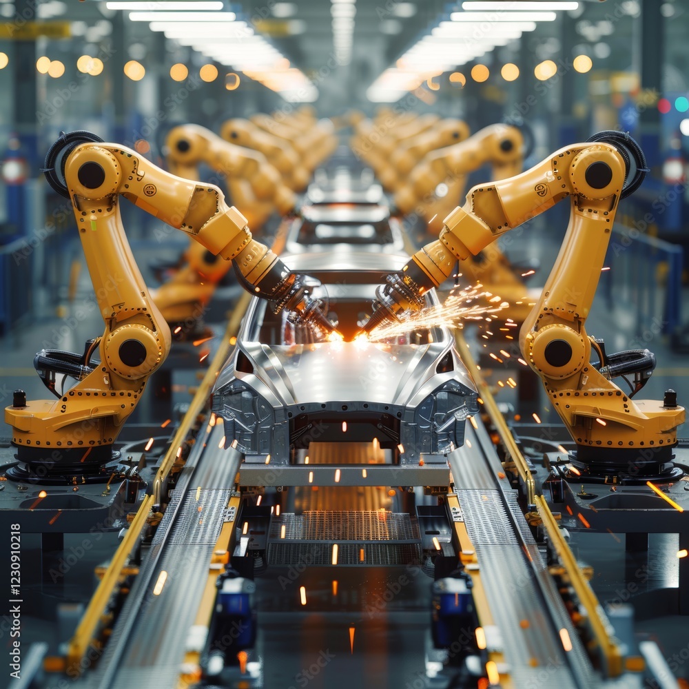 Poster two robotic arms are engaged in welding tasks on car frames in a bustling automotive assembly line. 