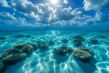 Fototapeta premium Vibrant Underwater Coral Reef Scene with Sunny Sky