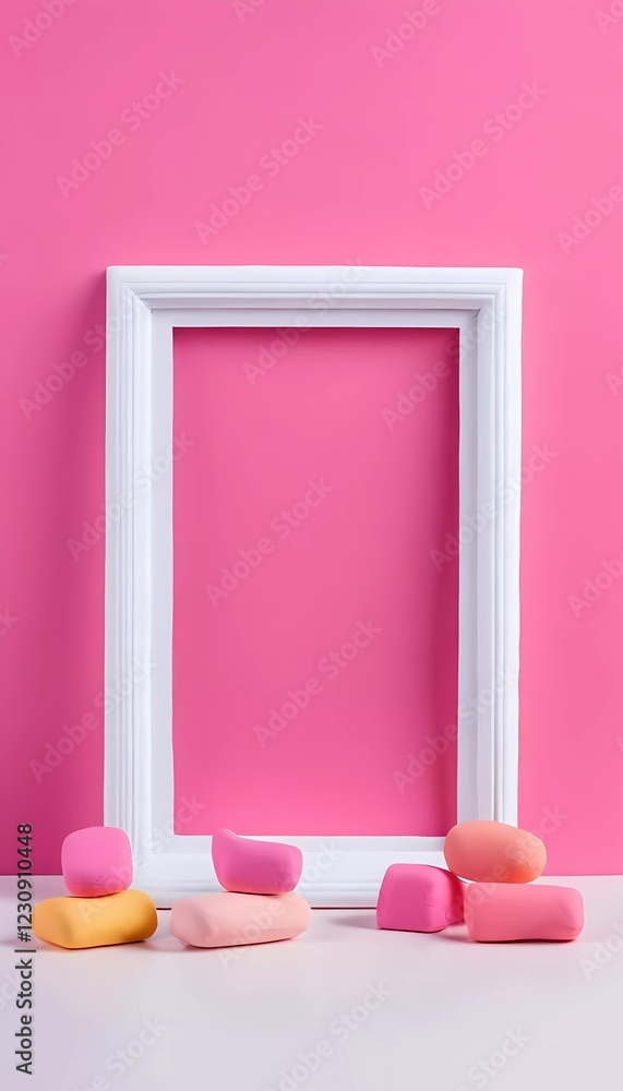 Poster a rectangular white frame stands against a pink background, surrounded by colorful play doh pieces, 