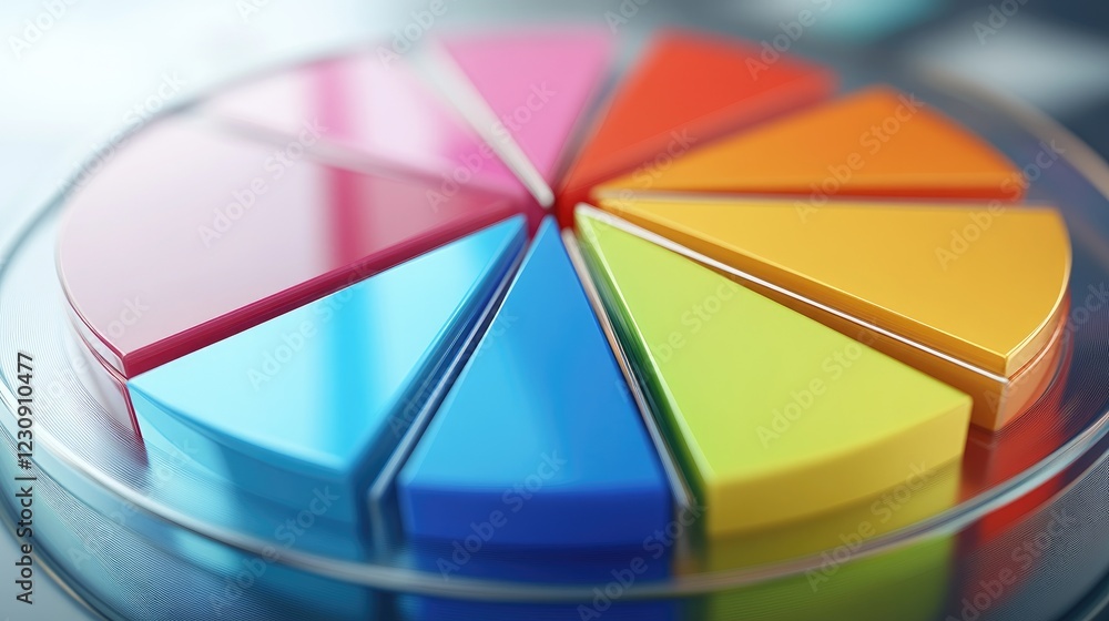 Poster a modern d pie chart with colorful, glass-like slices rotating slightly, highlighting key data point