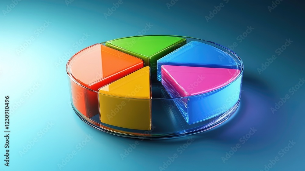 Poster a modern d pie chart with colorful, glass-like slices rotating slightly, highlighting key data point