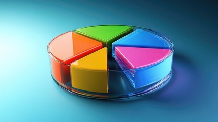 Obraz premium A modern D pie chart with colorful, glass-like slices rotating slightly, highlighting key data points in a business or financial presentation setting.