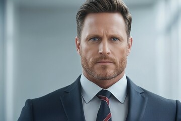 Confident caucasian adult male in business suit with striped tie