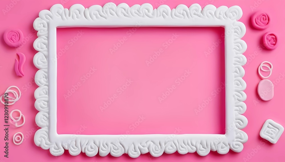 Poster a rectangular white frame made of play dough is surrounded by colorful play dough pieces on a pink b