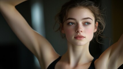 Fototapeta premium Portrait of a Young Woman with Freckles and Brown Hair, Arms Raised, Dark Background