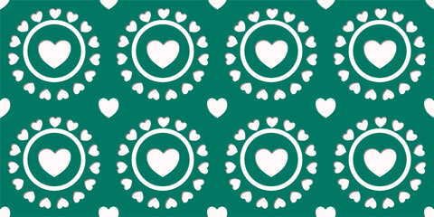 White Heart Seamless Pattern on green Background. Love romantic theme. Pattern hearts with Love for Valentine's Day. Valentines day background. Vector abstract texture with small hearts