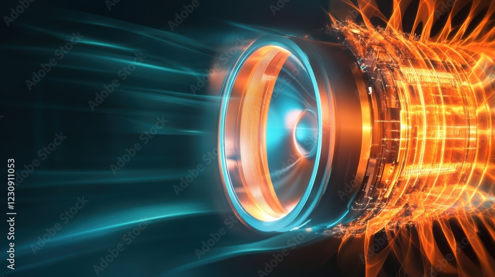 Poster dynamic visual of a futuristic speaker emitting vibrant sound waves in a tech-inspired setting