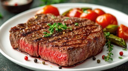 A perfectly cooked medium-rare steak on a white plate, garnished with fresh herbs and accompanied by roasted vegetables, capturing the essence of gourmet dining.
