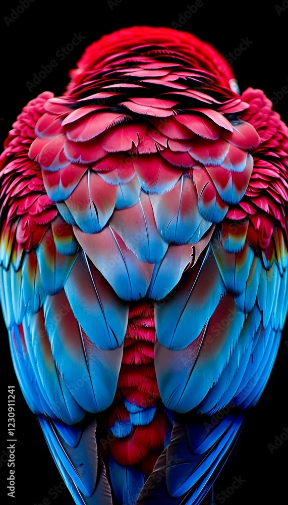 Poster a close-up view showcases the intricate feather patterns of a colorful parrot. bright shades of red 