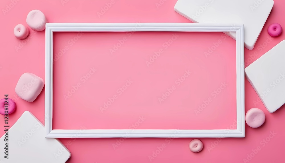 Poster a white rectangular frame rests on a soft pink background, surrounded by play doh shapes in white an