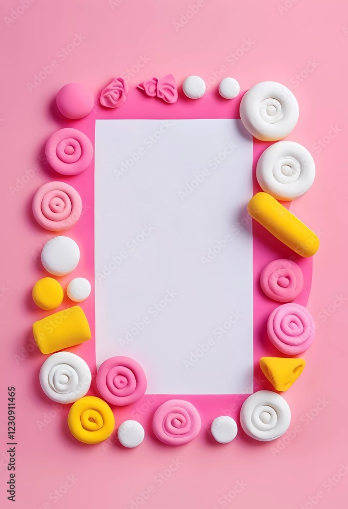 Poster a rectangular empty space is surrounded by colorful play doh pieces in various shapes and sizes agai