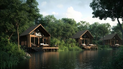 Fototapeta premium Tranquil waterfront retreats lush forest architectural photography serene environment wide angle nature escape