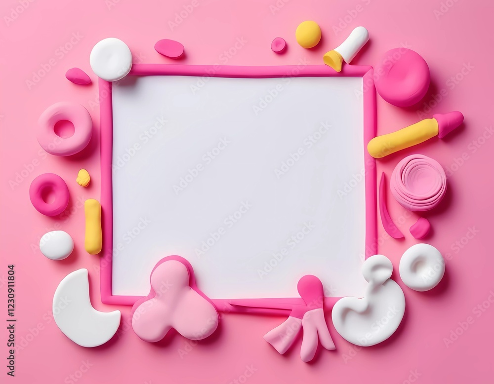 Poster brightly colored play dough pieces are arranged around an empty rectangular space on a pink backgrou