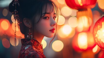 Naklejka premium Portrait of a Young Asian Woman in a Red Dress Amidst Glowing Lanterns at Night