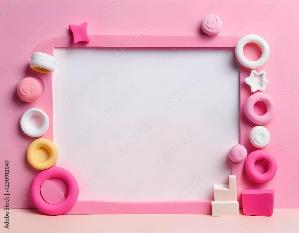 Poster rectangular frame surrounded by vibrant play dough shapes in various colors rests against a soft pin