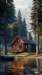 Mountain cabin lake sunrise forest retreat