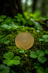 Macro shot of a single shiny gold coin with intricate designs, resting on a bed of green moss and clovers