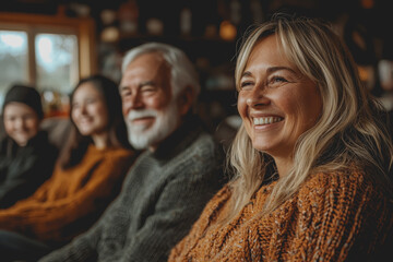 Woman smiling while sitting next to man in casual indoor setting engaging in conversation and enjoying each others company
