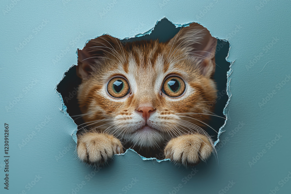 Poster cat observing through a circular hole in a white wall with soft light illumination and textured surf