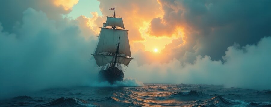 Wooden frigate disappearing into swirling fog, ghostly image , derelict, abandoned