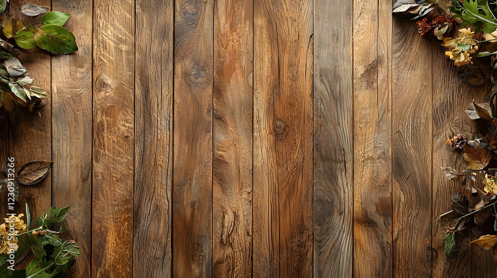 Aufkleber rustic wooden planks textured background with natural leaves and branches at the edges creating a co
