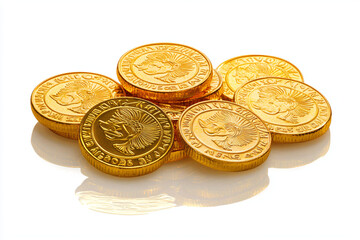 Stacked Shiny Golden Coins on Reflective Surface, Isolated on White Background